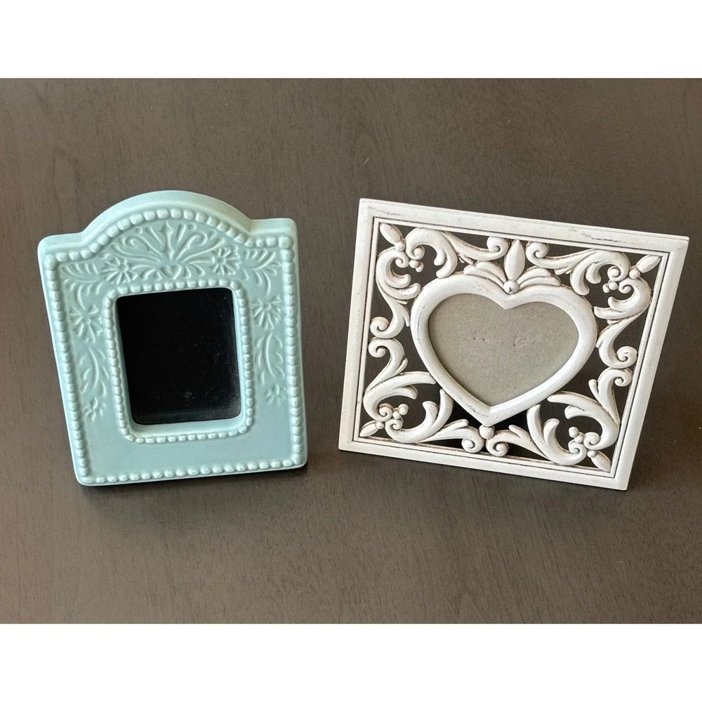 Vintage Style Small Picture Frame Set Blue Ceramic & White Heart Metal Scroll